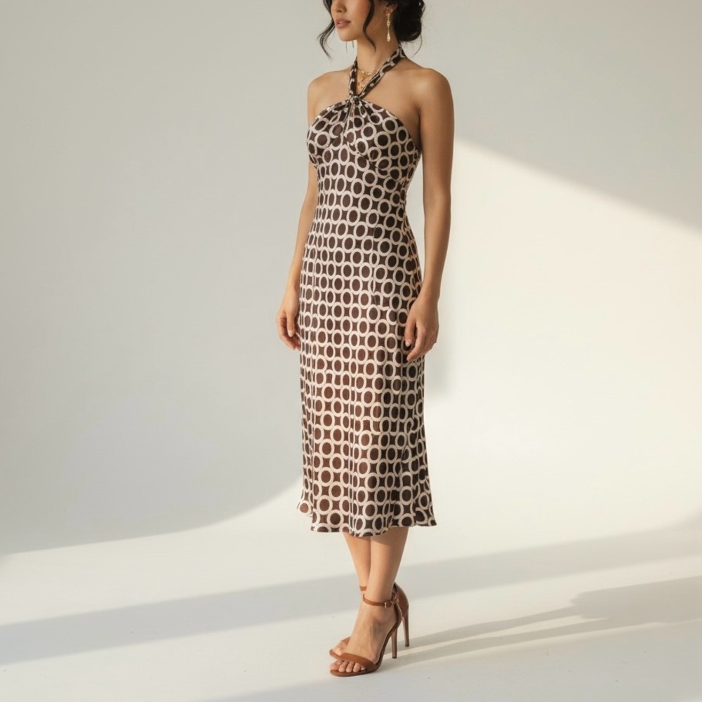 Issue Silk Halter Dress Size 12 Brown White Summer Vacation Midi